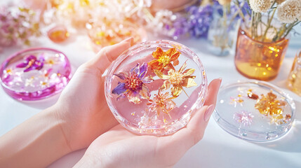 hands holding a completed dried flower resin coaster, with other resin crafts and dried flowers in the background