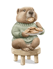 Watercolor Christmas vintage cute little beaver in green sweater clothes holds plate, eats cookies and sits on stool isolated on white background. Hand drawn illustration sketch © Mimomy