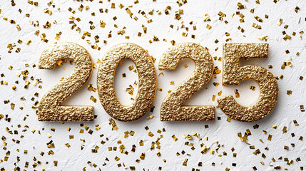 Golden 2025 numbers celebrating new year on white background with confetti