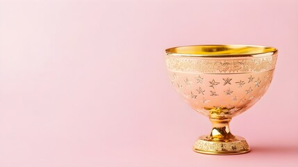 A gold cup with stars on it is sitting on a pink background. The cup is a symbol of achievement or success