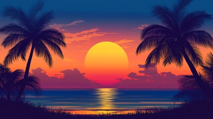 Sunset over the ocean with palm trees.