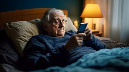 A senior citizen using a smartphone in bed 