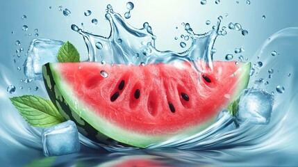 3D realistic vector of a watermelon slice with a water splash featuring cold beverage droplets mint leaves and ice cubes representing refreshing drink elements