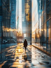 Silhouette of a man walking through a modern glass cityscape at sunset, reflecting light and futuristic vibes.