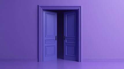 3D render of a double door halfopened isolated on a violet background as an architectural or interior element