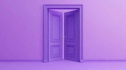 3D render of a violet double door wide open representing an architectural or interior element Isolated on a lilac background symbolizing an entrance metaphor