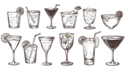 Cocktails alcoholic daiquiri, old fashioned, manhattan, martini, sidecar glass hand drawn engraving vector illustration vintage style