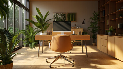  A modern minimalistic office working computer setup with sleek ergonomic furniture