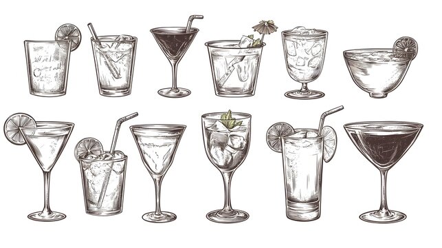 Cocktails alcoholic daiquiri, old fashioned, manhattan, martini, sidecar glass hand drawn engraving vector illustration vintage style