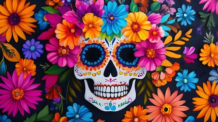 Dia de Muertos themed artwork featuring a vibrant skull adorned with flowers