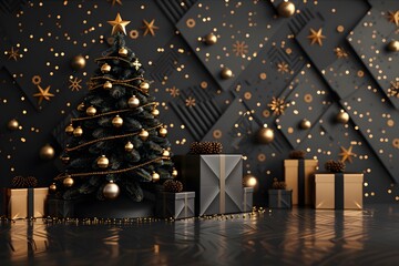 Elegant Christmas Scene with a Decorated Tree and Golden Gifts