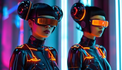 Cybernetic Fashion Fusion: Avant-Garde Apparel with High-Tech Hairstyles in a Futuristic Aesthetic