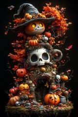 Cute Halloween Witches with Glowing Pumpkins and Autumn Leaves