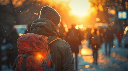 Someone with a backpack is walking down a street in the snow, travel concept, copy space
