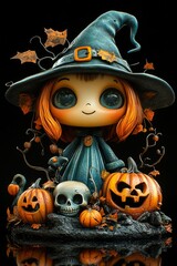 Cute Halloween Witches with Glowing Pumpkins and Autumn Leaves