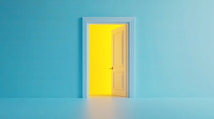 3D render of an open door with yellow light shining inside isolated on a blue background Represents new career opportunities business ventures and initiative in a modern minimalistic