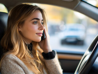 Photo of woman in the car telephoning on smartphone while driving, stay aware while driving, photo