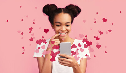 Internet Celebrity. Happy african girl excited about getting attention on social media. Panorama