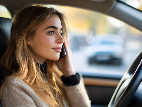Photo of woman in the car telephoning on smartphone while driving, stay aware while driving, photo