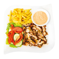 grillowany kurczak z sałatką frytkami i sosem, Grilled chicken with salad fries and dressing