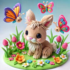 Obraz premium Adorable 3D Polymer Clay Bunny with Colorful Butterflies and Flowers, Isolated on White Background
