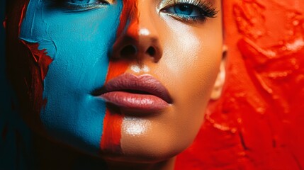 Close-up portrait of a woman with bold blue and red face paint. Expressing creativity, individuality, and diversity.