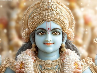 Capture a mesmerizing close-up shot of Lord Vishnu, showcasing intricate details in a photorealistic digital painting