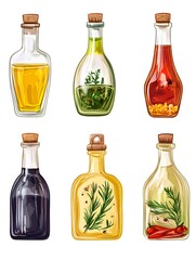 Set of common cooking oils and sauces for culinary use