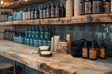 Stylish Spa Shelf Display Featuring a Variety of Hair and Skin Care Products