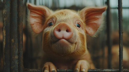 Poor sad piglet in a cage, factory farming, and animal abuse