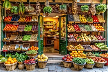 Fototapeta premium Vibrant street market stall brimming with fresh, colorful fruits and vegetables neatly displayed in wooden crates and baskets on a cobblestone pavement, a European urban setting