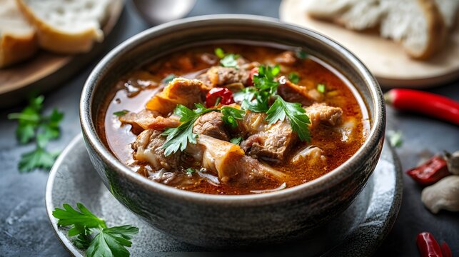Tasty soup or stew made of beef tripe and spices. Spicy and aromatic tripe soup seasoned with pepper and served with bread 
