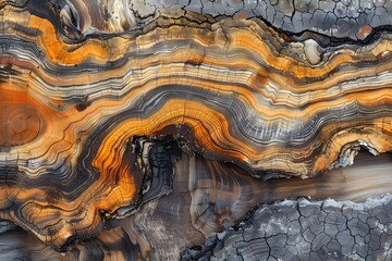 Stunning Cross-Section of Petrified Wood with Vibrant Orange and Black Stripes