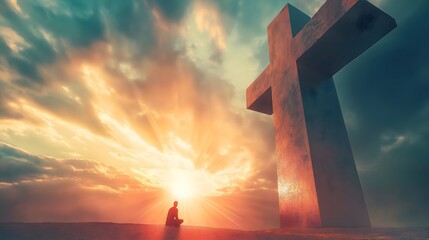 Man Sitting in front of a Huge Christian Cross Looking at the Beautiful Sunlight