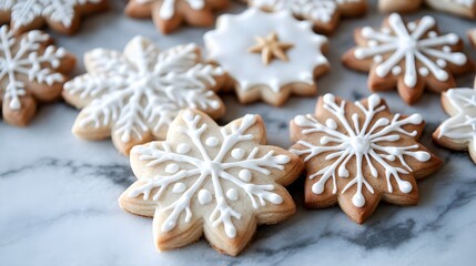 variety of snowflake cookies. The cookies are decorated with icing and some have a star on them. Concept of warmth and festivity