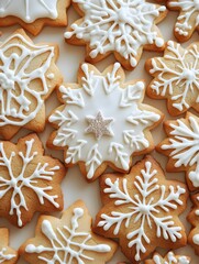 variety of snowflake cookies. The cookies are decorated with icing and some have a star on them. Concept of warmth and festivity