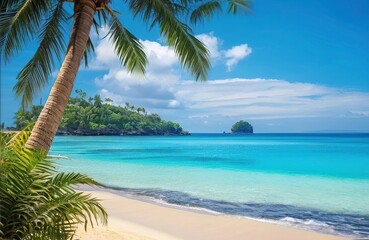 Tropical beach with white sand, turquoise water and palm trees, summer bright sunshine