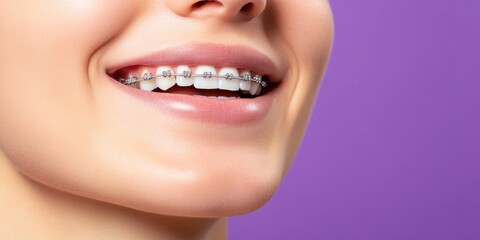 Close-up photograph captured from a lower angle highlighting a woman's smile with dental braces against a vibrant purple background, symbolizing dental care.