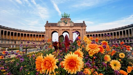Obraz premium Belgium , flowers , park , Parc Du Cinquantenaire Cinquantenaire Park Brussels landmark Belgium architecture Centenary Park Historical building Flowers in bloom Garden view European monument Brussel 