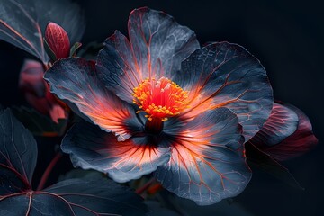 Stunning Dark Hibiscus Flower with Vibrant Orange and Yellow Accents