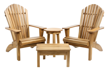 A cozy oak wooden patio set featuring two stylish chairs and a matching table, isolated on a transparent or white background.