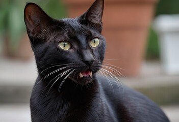 A sleek, black cat with striking yellow eyes is standing on a stone ledge