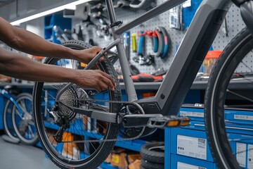 Black person repairing an e-bike. Close-up of a mechanic handling modern electric bicycle technology. Ensuring optimal performance with hands-on maintenance and attention to detail in an eco-friendly 