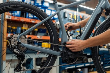 Repairing an e-bike. Urban cyclist maintaining and servicing an electric bicycle with modern tools. Ensuring optimal performance and efficient operation for a smooth ride in the city or on the mountai