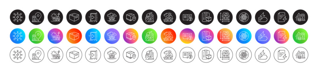 Diesel station, Power certificate and Entrance line icons. Round icon gradient buttons. Pack of Office box, Realtor, Help icon. Parcel tracking, Petrol station, Fuel price pictogram. Vector