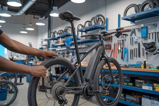 Black person repairing an e-bike. Close-up of a mechanic handling modern electric bicycle technology. Ensuring optimal performance with hands-on maintenance and attention to detail in an eco-friendly 