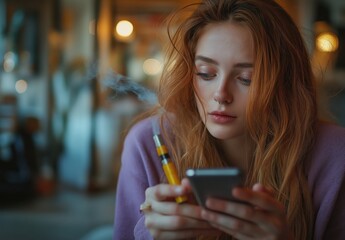 A young woman vaping indoors at a caf&eacute; while listening to music on headphones on a chilly day