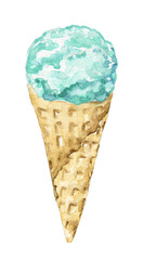 Mint ball ice cream in waffle cone isolated on white background. Watercolor hand drawn illustration
