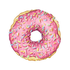 One round donut with pink glaze and multicolor topping isolated on white background. Watercolor hand drawn illustration