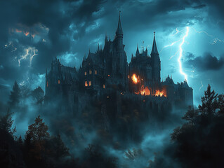 Fototapeta premium Halloween castle in the night. A spooky castle on a hill with lightning striking in the background
